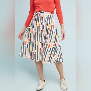 Anthropologie Hutch 50’s Print Button Front A-Line Skirt With Tie Waist Size 10